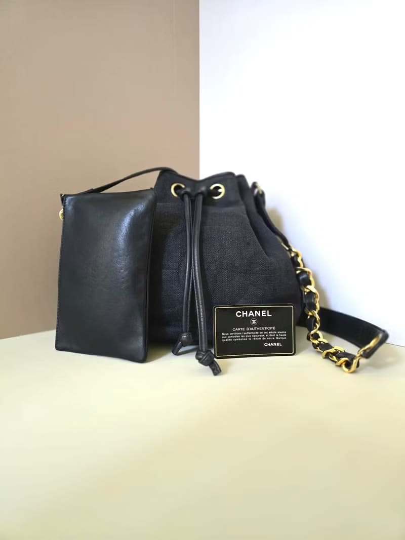 Chanel Vintage Blue and Black Canvas and Leather Chain Bucket Bag with Original Pouch/Shoulder Bag