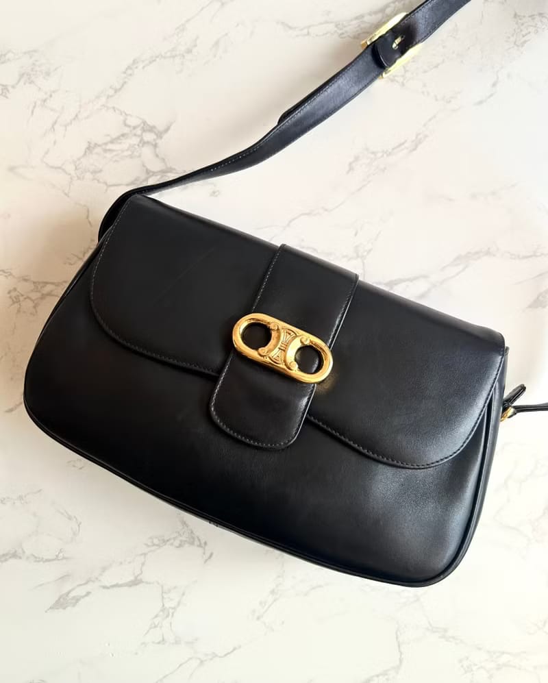 Celine Black and Gold Triomphe Saddle Bag/Shoulder Bag/Crossbody Bag