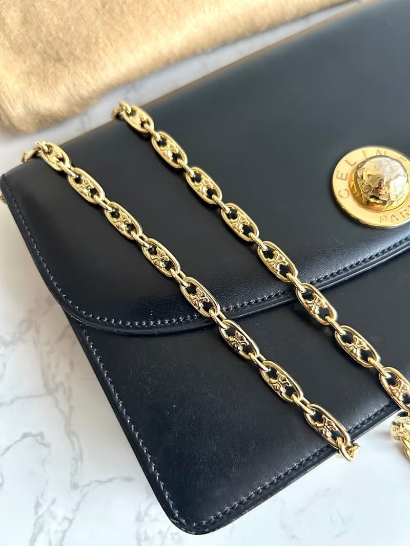 Celine Rare Black Big Planet Triomphe Bag with Triomphe Gold Chain/Shoulder Bag/Crossbody Bag