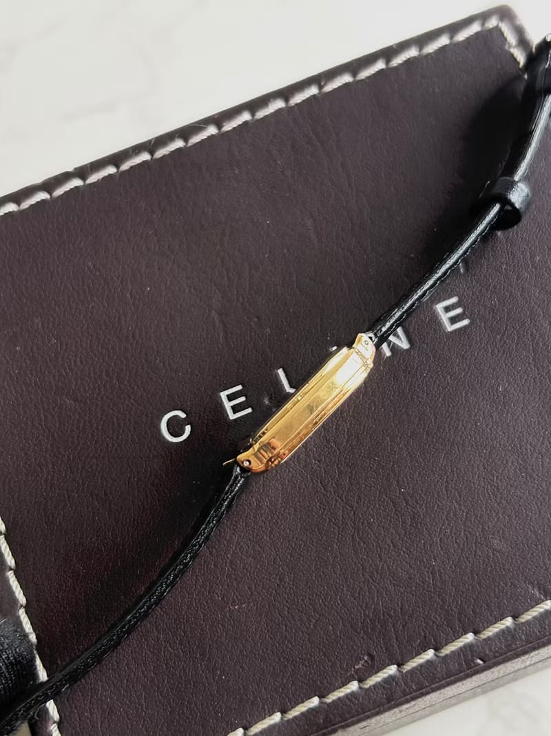 Celine黑金色皮革錶帶馬車手錶/石英腕錶