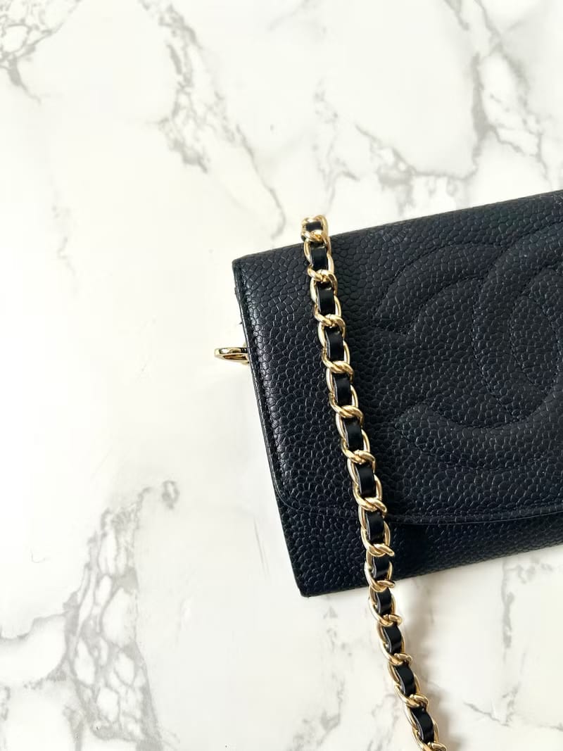 Chanel黑色魚子醬斜背包/單肩包/皮夾/側背包