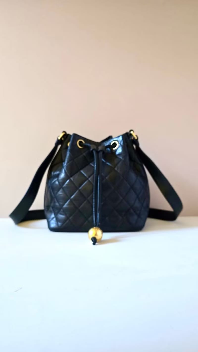 Chanel Vintage Black Matelassé Gold Ball Bucket Bag / Shoulder Bag / Crossbody Bag