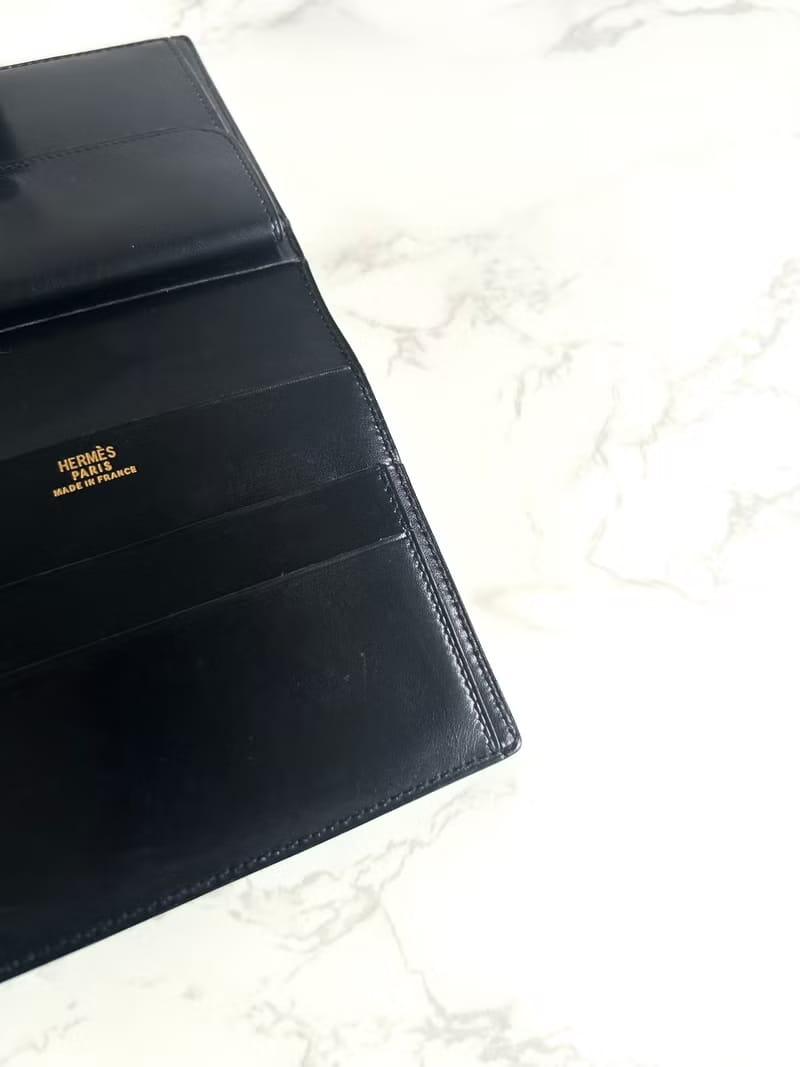 Hermes Saumur Diane復古黑色金扣皮革古董短夾錢包