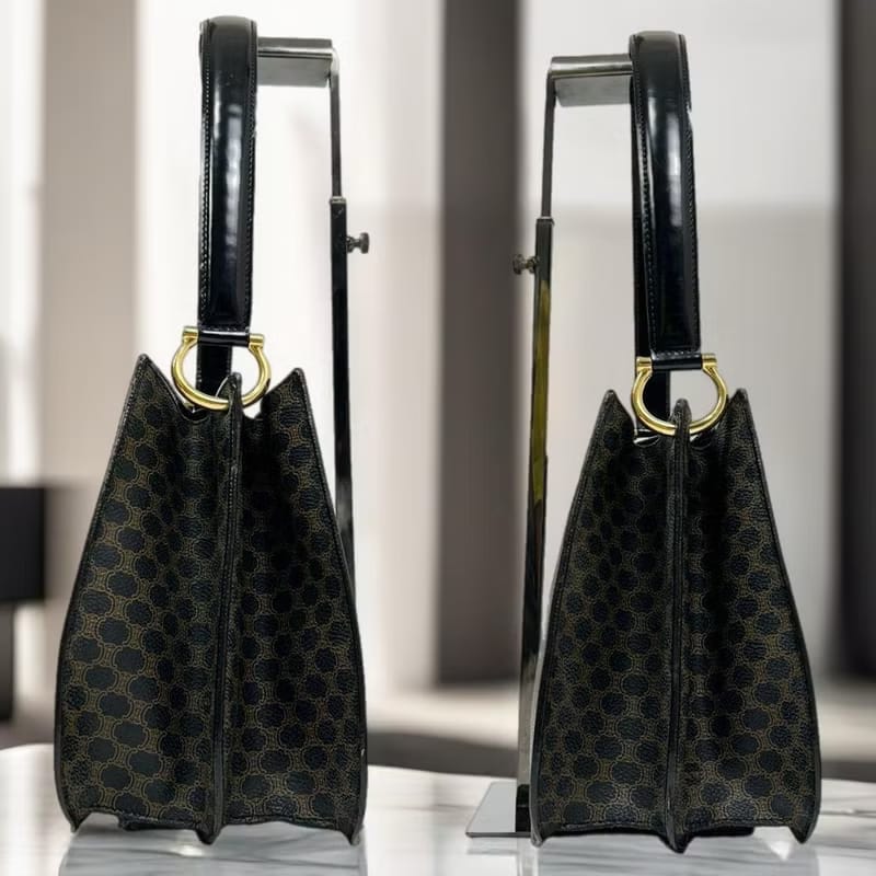 稀有中古二手Celine黑色老花金扣馬鞍皮革腋下包/側背包/斜背包