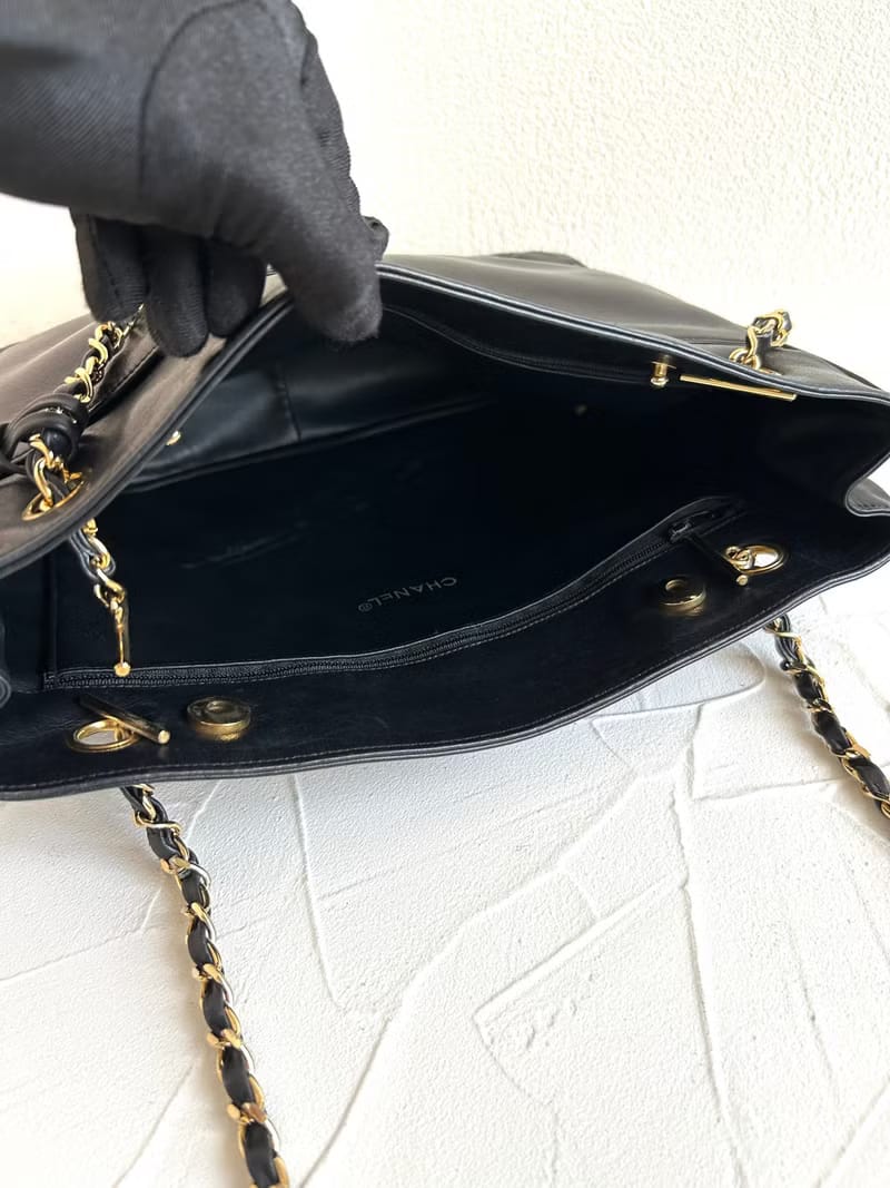 中古二手Chanel黑色皮革鏈條單肩包/托特包/側背包
