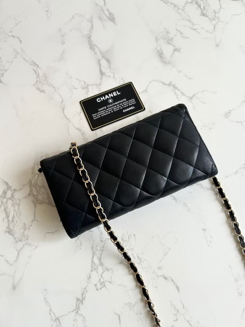 FULL SET💎Chanel Black and Gold Matelasse WOC Leather Shoulder Bag/Crossbody Bag/Wallet