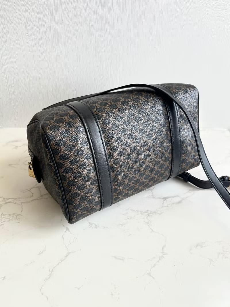 Celine Rare Black Triomphe Canvas Small Boston Bag / Shoulder Bag / Crossbody Bag