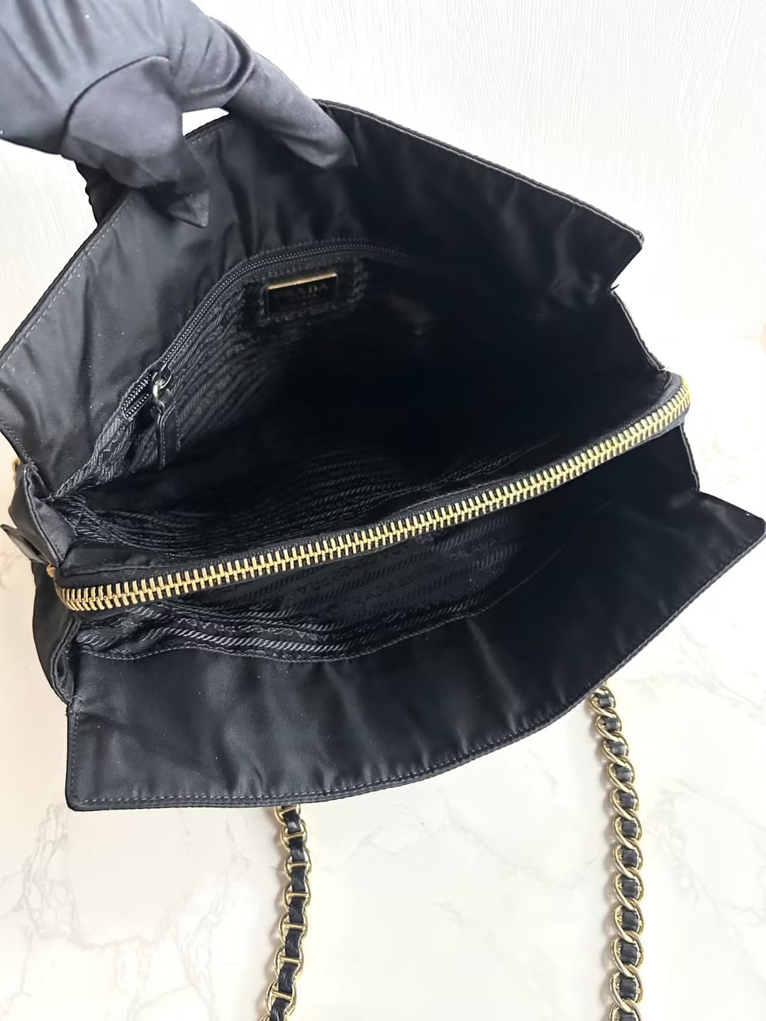 Prada黑色降落傘金鏈子托特包/側背包/單肩包
