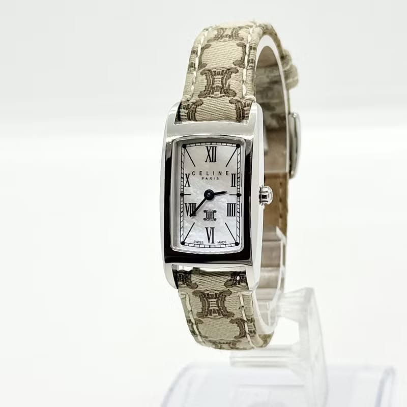 Rare item with original box - Celine Triomphe monogram watch with ecru strap / vintage watch / pre-owned women's watch