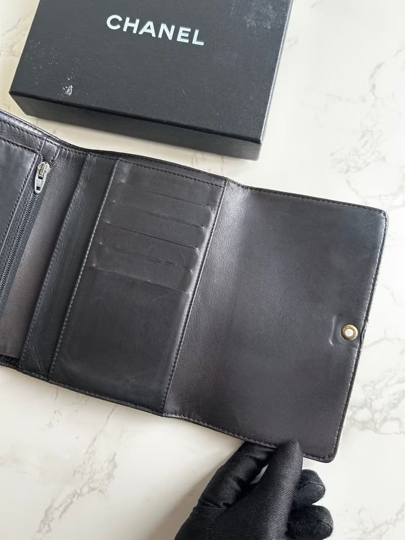 Rare Used Chanel Black Calfskin Leather Bold Gold Hardware Bifold Wallet