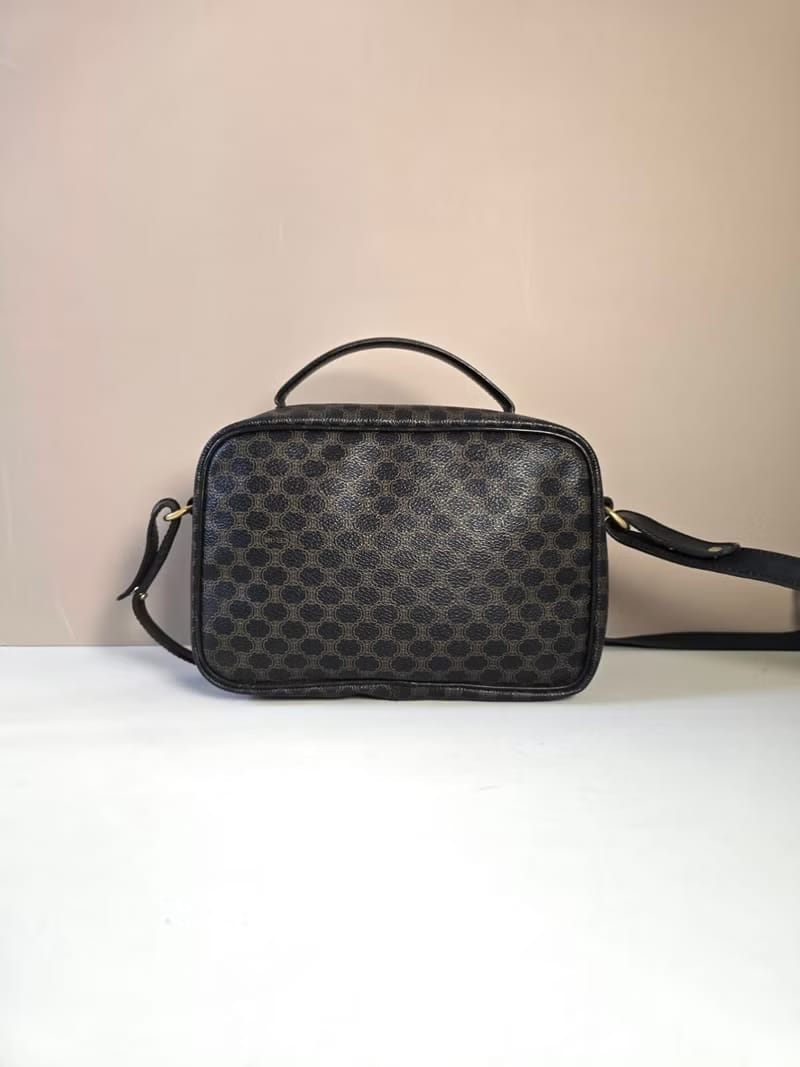 稀有中古二手Celine黑色老花皮革相機包/側背包/斜背包