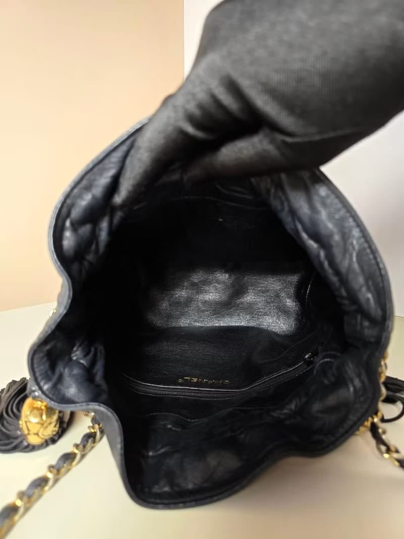 Chanel Vintage Black and Gold Lambskin Matelassé Mini Bucket Bag/Shoulder Bag/Crossbody Bag