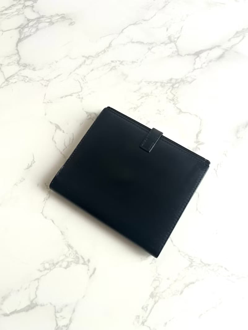 Hermes Saumur Diane復古黑色金扣皮革古董短夾錢包