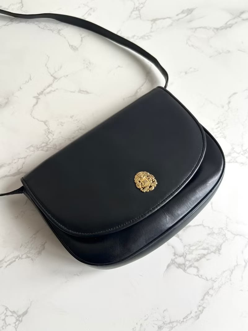Rare Celine Black and Gold Embossed Badge Half-Moon Bag / Crossbody Bag / Shoulder Bag
