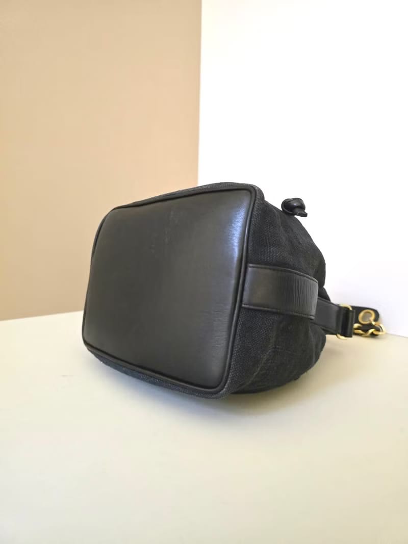 Chanel Vintage Blue and Black Canvas and Leather Chain Bucket Bag with Original Pouch/Shoulder Bag
