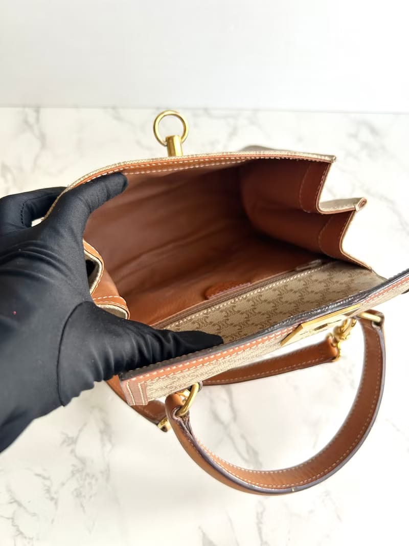 Celine米咖色老花小號凱莉斜背包/單肩包/側背包