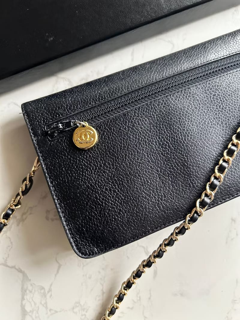 全套配件✨稀有Chanel黑色金扣魚子醬皮革WOC/側背包/斜背包/錢包
