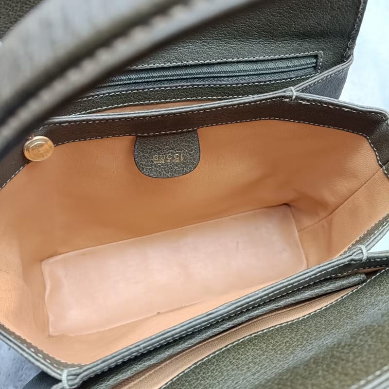 稀有中古二手GUCCI橄欖綠竹節皮革小盒子側背包/斜背包