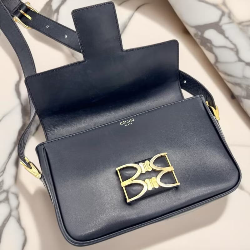 稀有中古二手Celine雙凱旋門馬蹄扣黑色皮革側背包