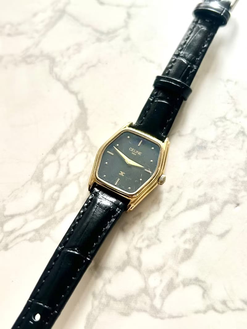 稀有品 Celine黑金Hexagon手錶/皮革帶/二手男女裝腕錶/中古錶