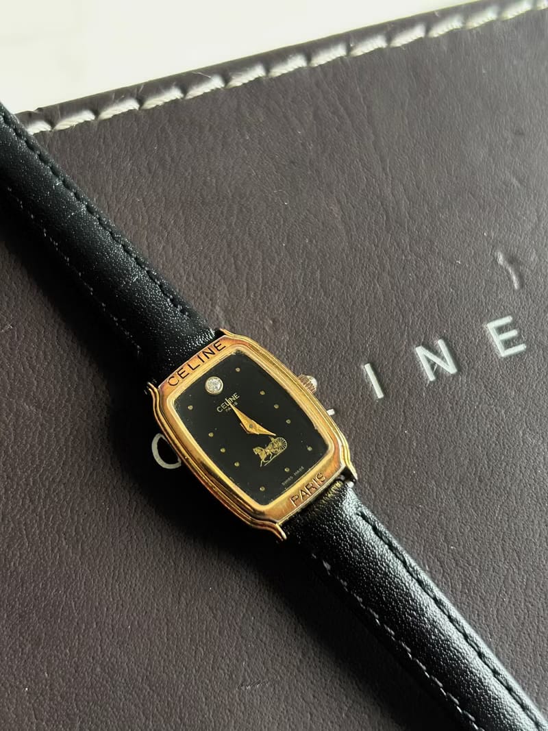 Celine黑金色皮革錶帶馬車手錶/石英腕錶