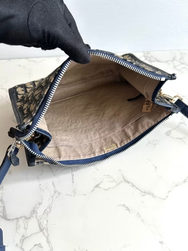 Dior藍黑色老花皮革Two-way Bag/側背包/斜背包