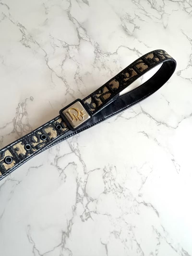 Dior深藍色老花皮革帆布女裝腰帶