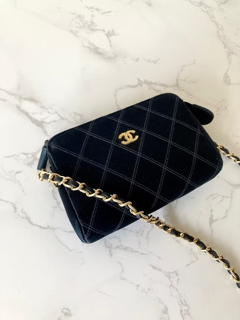 Rare Chanel Black and Gold Rhinestone Silk Bag/Shoulder Bag/Crossbody Bag
