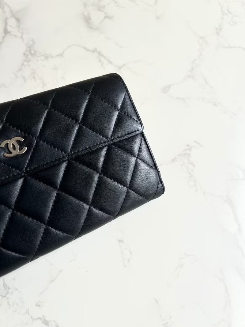 Chanel Black and Silver Lambskin Matelassé Long Wallet
