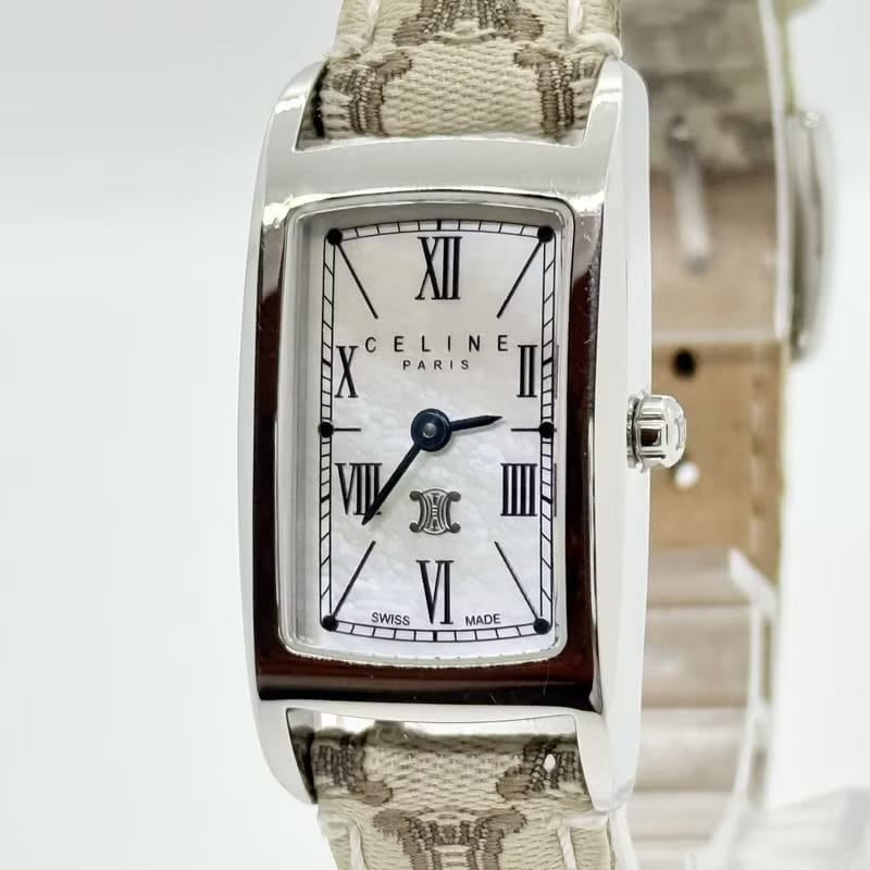 Rare item with original box - Celine Triomphe monogram watch with ecru strap / vintage watch / pre-owned women's watch