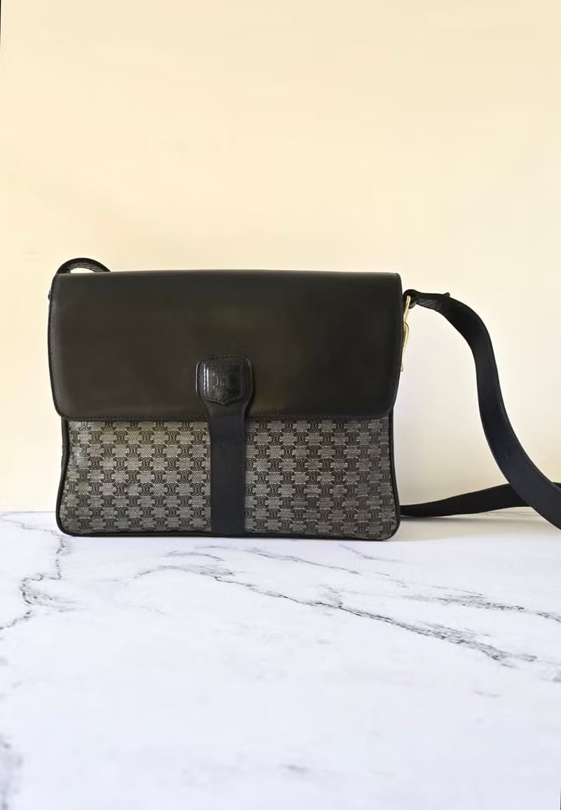 Celine黑灰色凱旋門豆腐包/單肩包/側背包/斜背包