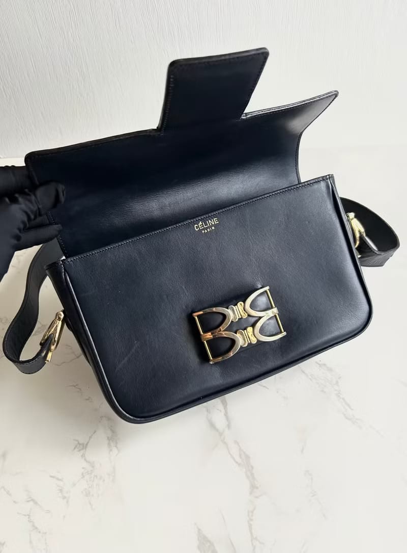 Celine Black Gold Double Triomphe Box/Shoulder Bag/Crossbody Bag