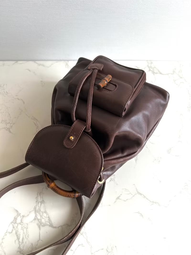 GUCCI中古二手竹節咖啡色皮革後背包/背囊/雙肩包