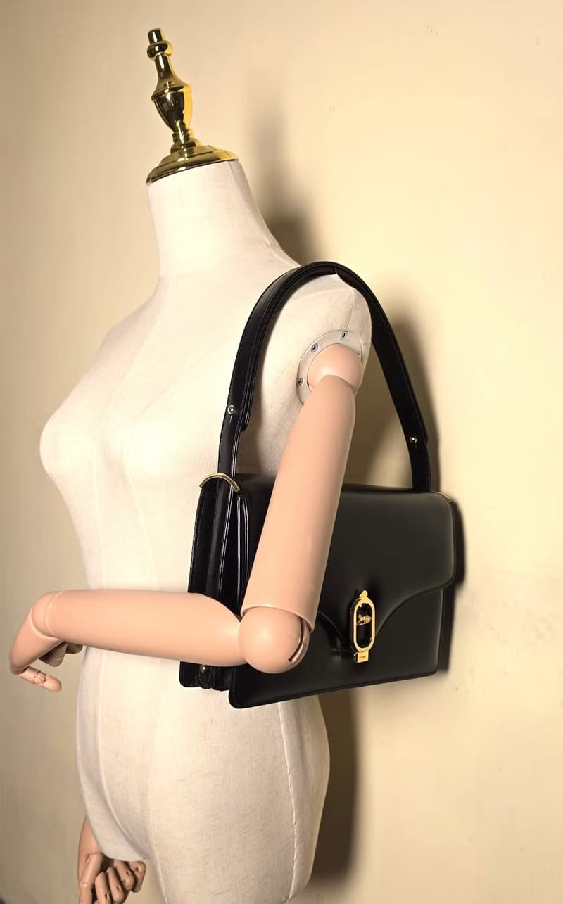 Rare Celine Black and Gold Oval Horse Carriage Two-Way Accordion Bag/Shoulder Bag/Crossbody Bag
