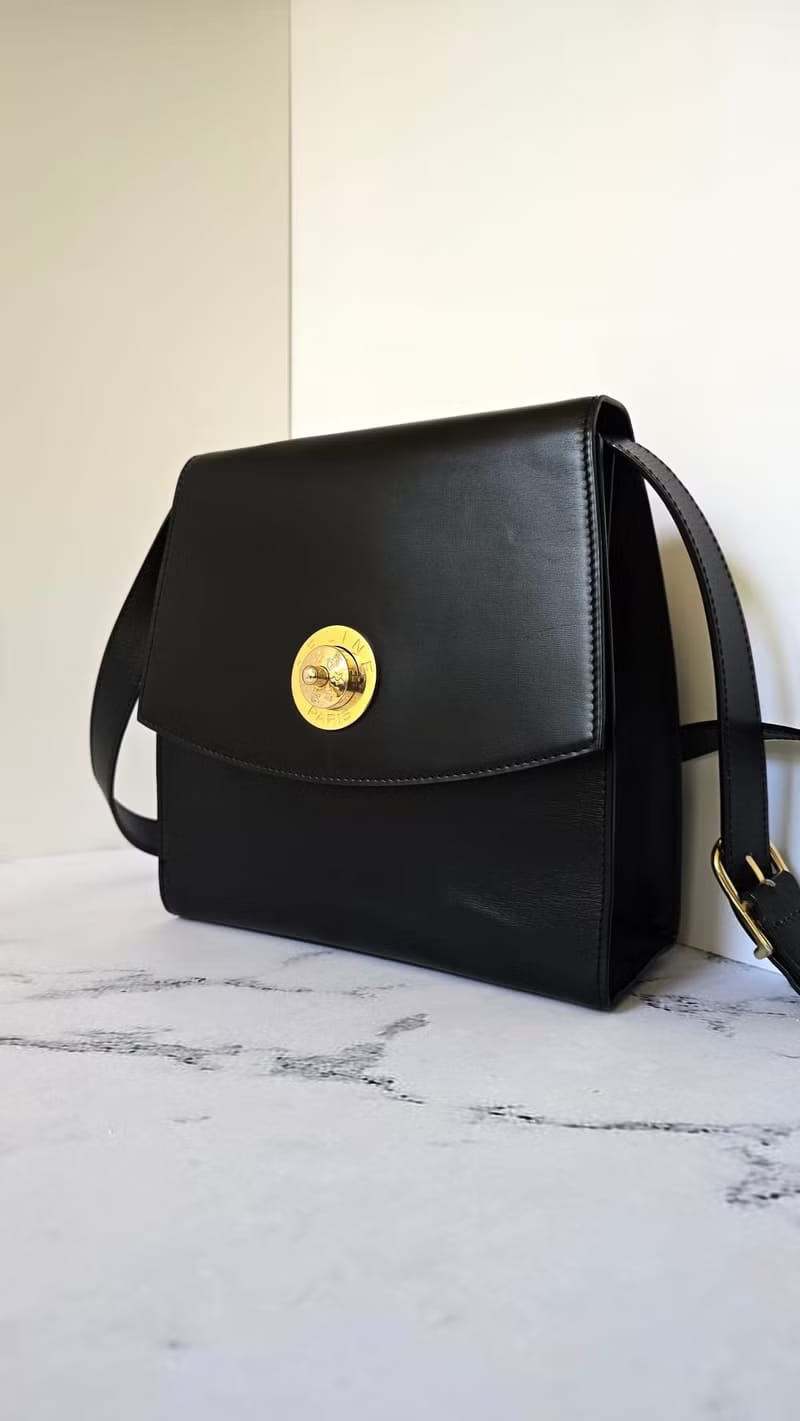 Celine Black Gold Press Stud Planet Tofu Bag / Shoulder Bag / Crossbody Bag