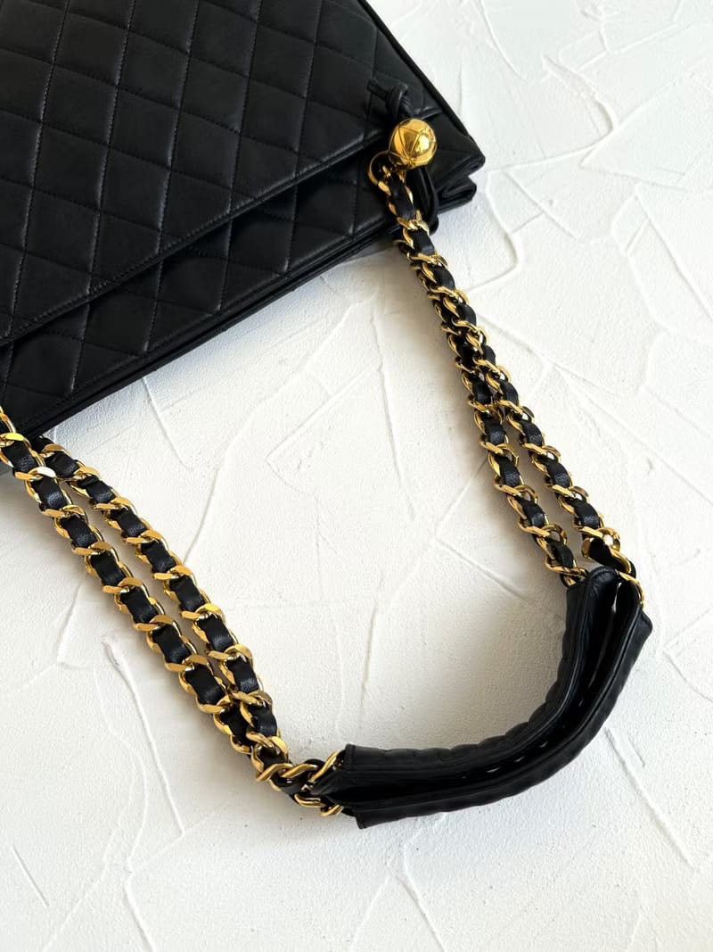 中古二手Chanel黑色皮革鏈條單肩包/托特包/側背包