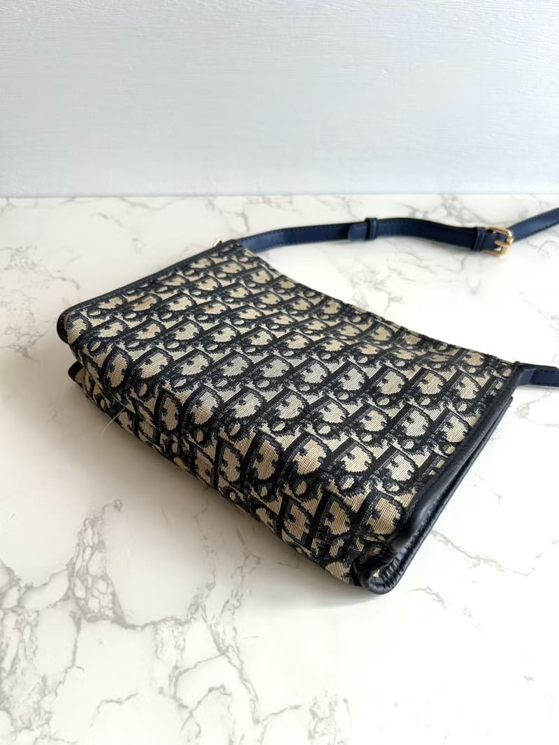 Dior藍黑色老花皮革Two-way Bag/側背包/斜背包