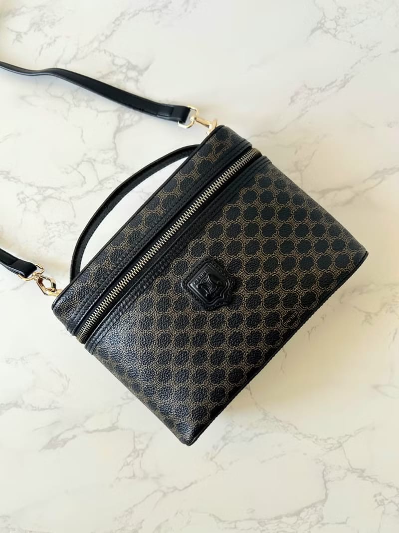 稀有款中古二手Celine黑色老花盒子側背包 斜背包 皮革包 單肩包