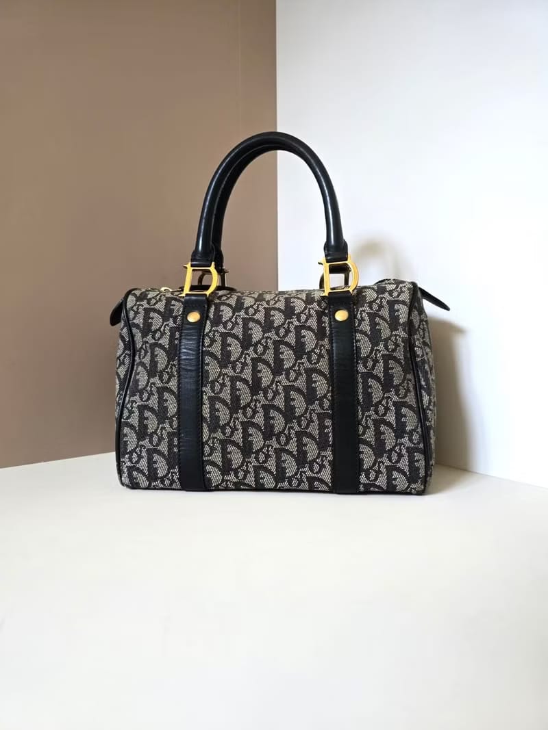 Dior黑藍色Trotter老花金扣小號波士頓/手提包
