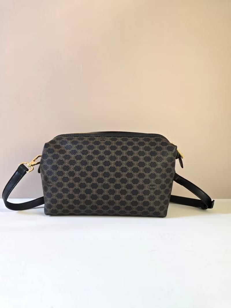 稀有中古二手Celine雲朵黑色金扣老花皮革側背包/斜背包/單肩包