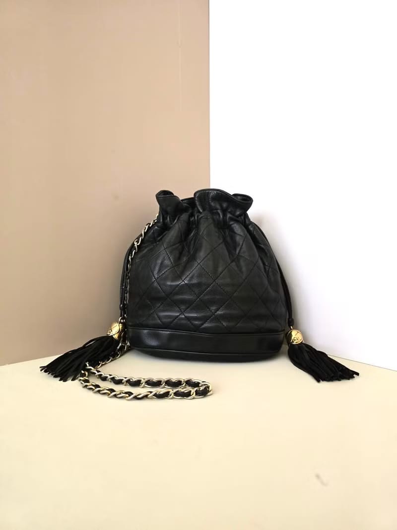Chanel Vintage Black and Gold Lambskin Matelassé Mini Bucket Bag/Shoulder Bag/Crossbody Bag