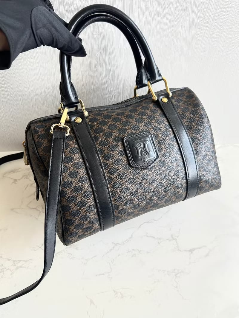 Celine黑色老花波士頓單肩包/側背包/斜背包