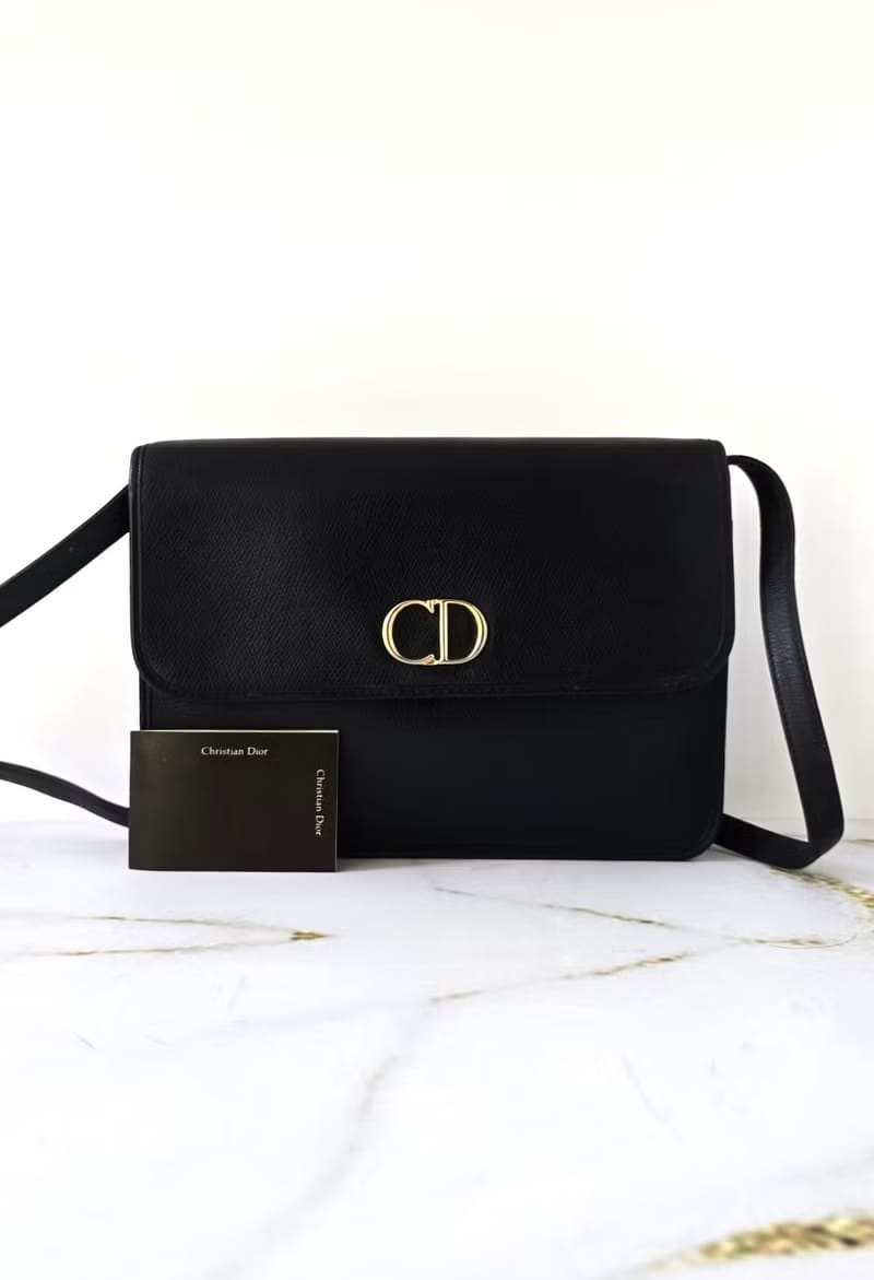 Dior Montaigne黑金牛皮翻蓋包/單肩包/側背包/斜背包