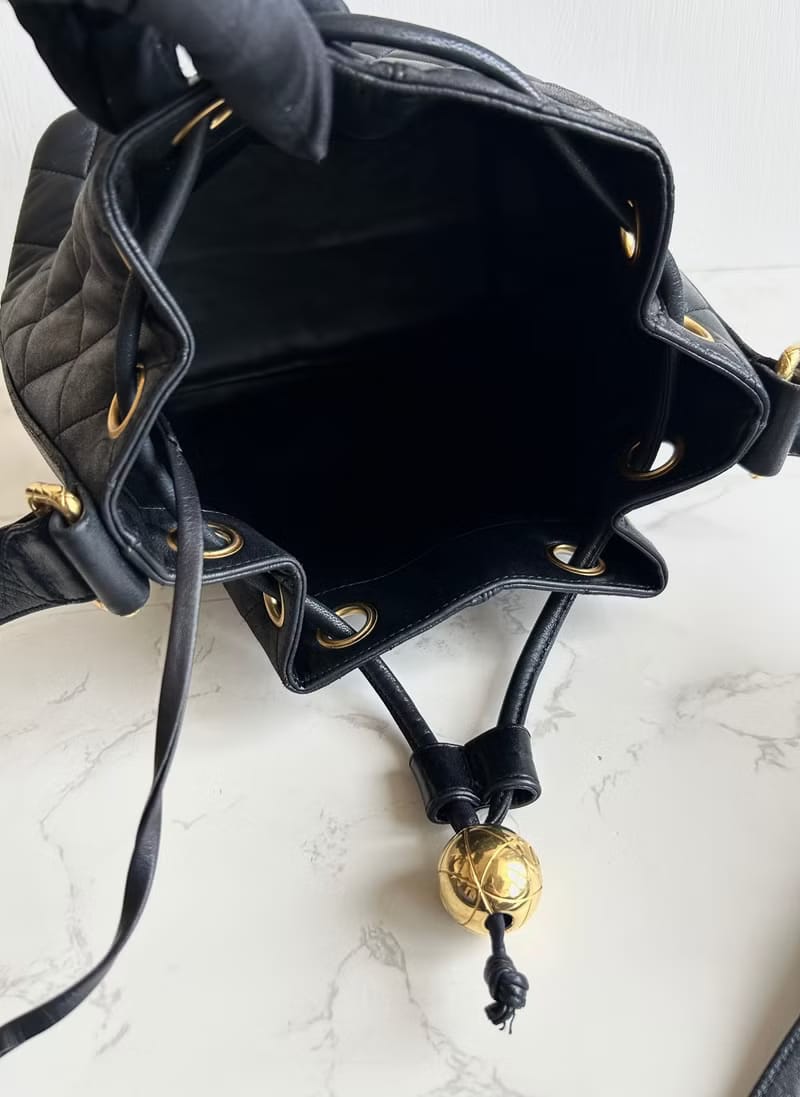Chanel Vintage Black Gold Matelassé Bucket Bag/Shoulder Bag/Crossbody Bag (Set of Two with Pouch)