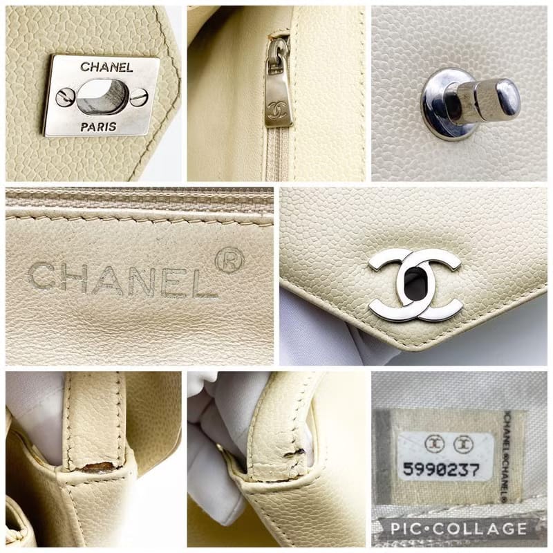 Chanel米白色魚子醬皮革凱莉單肩包/托特包/側背背