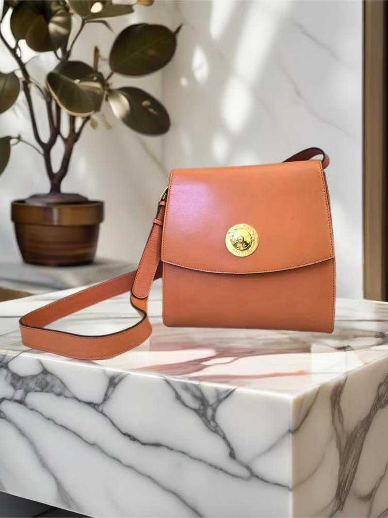 Rare Used Celine Caramel Brown Press Sphere Tofu Bag / Shoulder Bag / Crossbody Bag