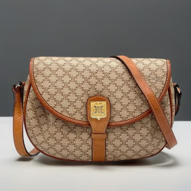 稀有中古二手Celine米啡色老花馬鞍側背包/斜背包