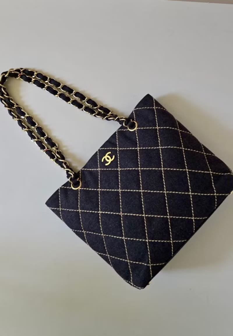 Rare Pre-owned Chanel Black Wild Stitch Tweed Chain Vivian Tote/Shoulder Bag/Crossbody Bag