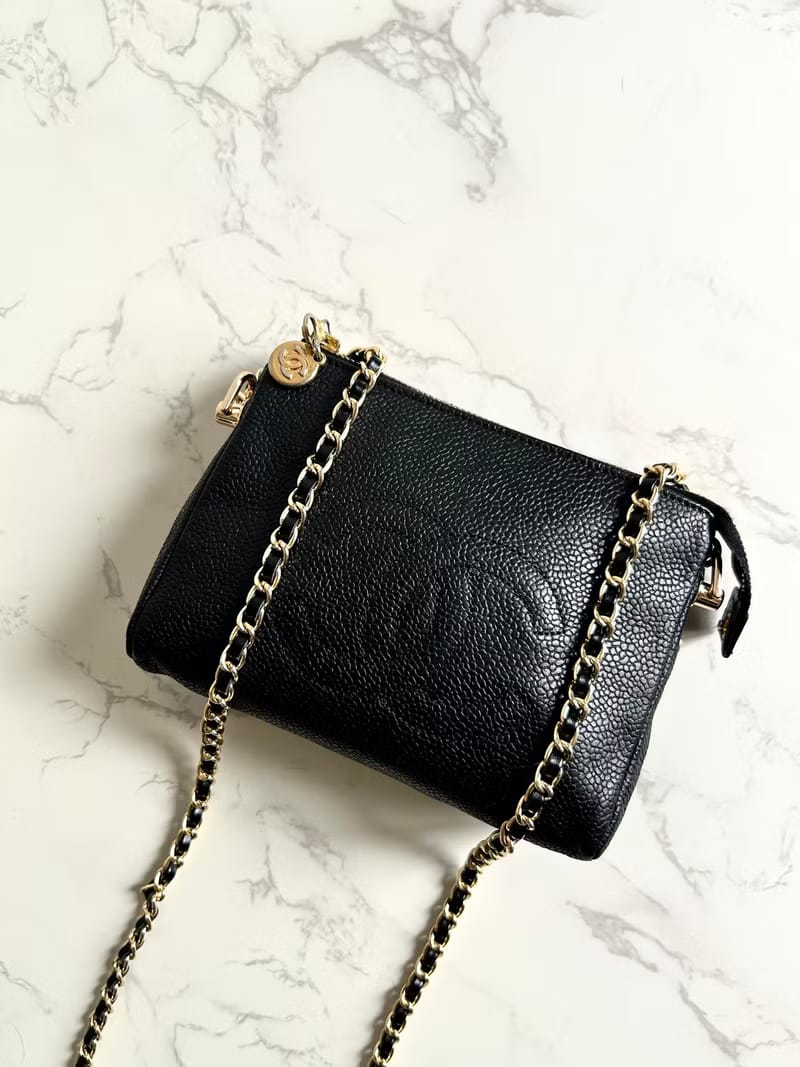 稀有中古二手Chanel黑色魚子醬皮革手袋側背包/斜背包/單肩包