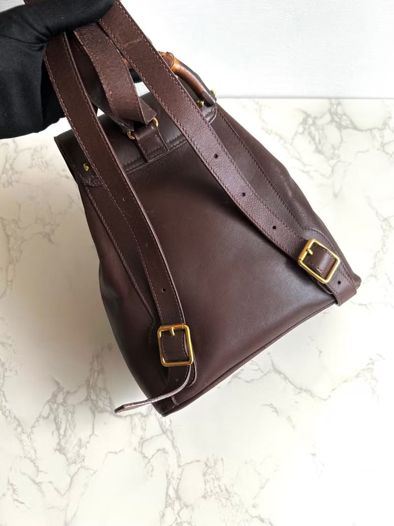 GUCCI中古二手竹節咖啡色皮革後背包/背囊/雙肩包